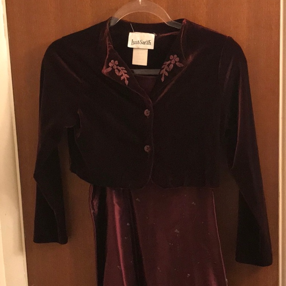 Burgundy sheath dress with velvet jacket